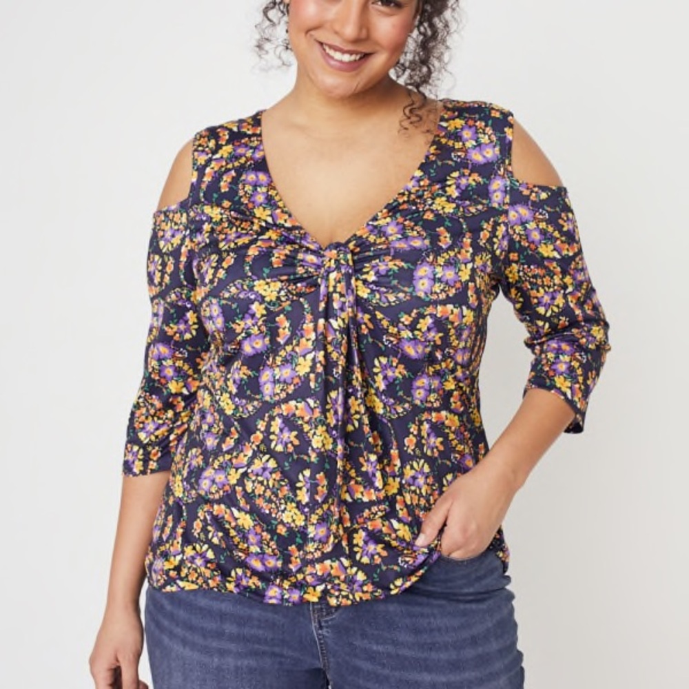 Roz & Ali Multicolor Floral Cold Shoulder Top
